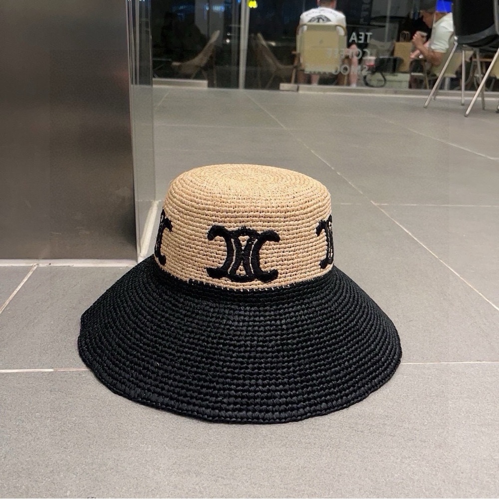 CELINE Triomphe Straw Wide Brim Bucket Hat OS